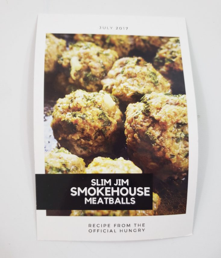 Snack With Me August 2019 - Smoke House Meat Balls Recipe Card Front