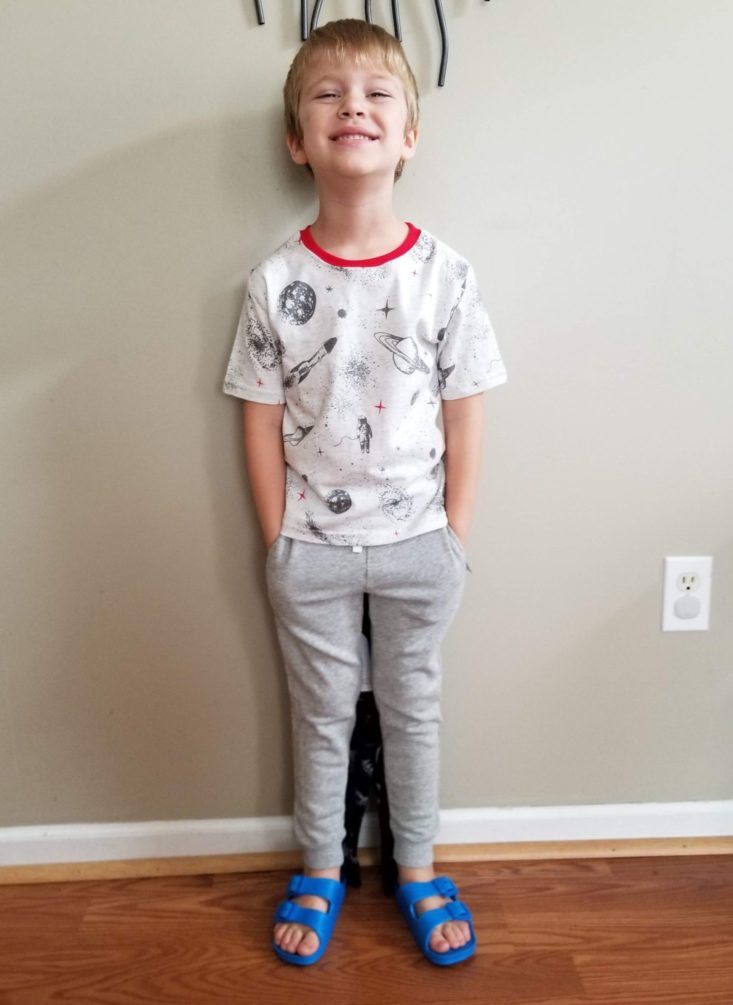 Stitch Fix Kids Boys space tee and grey joggers modeled