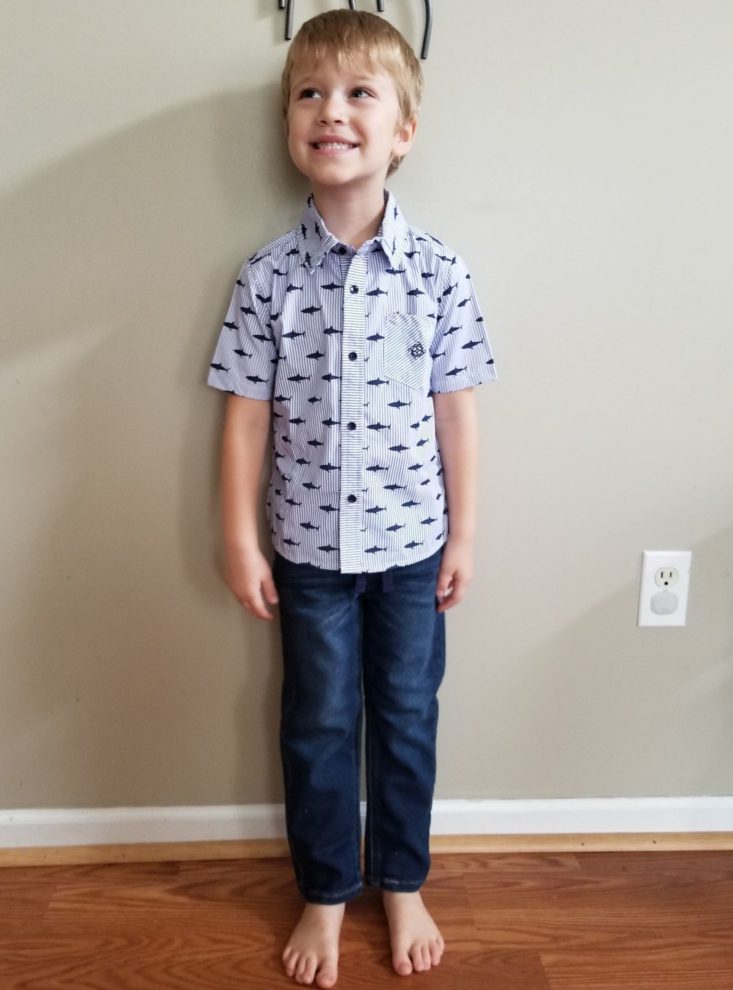Stitch Fix Kids Boys shark print button down and jeans modeled