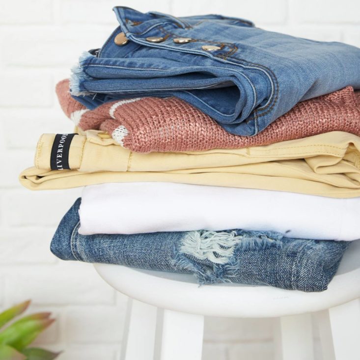 a folded stack of wantable clothing
