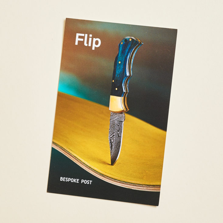 info card front with image of knife stuck into skateboard