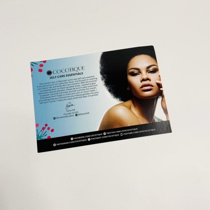Cocotique Beauty Box August 2019 - Information Card Front