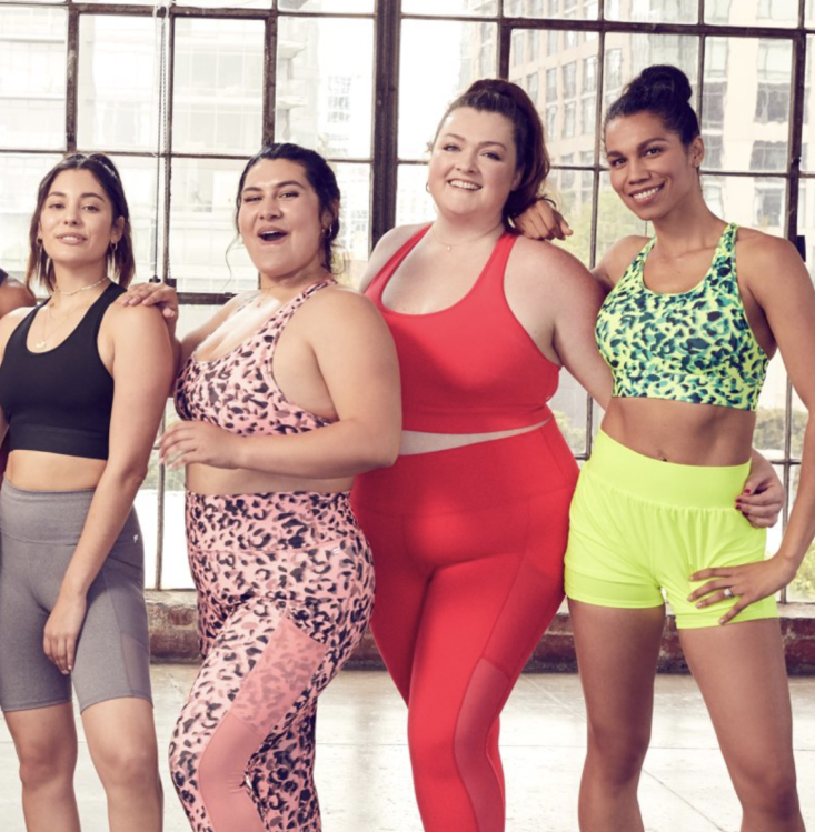 4 women of all different sizes wearing bright, colorful fabletics looks