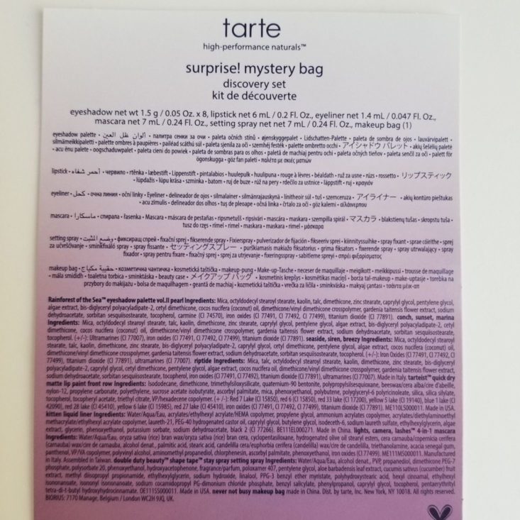 Tarte Makeup Mystery Set October 2019 info card