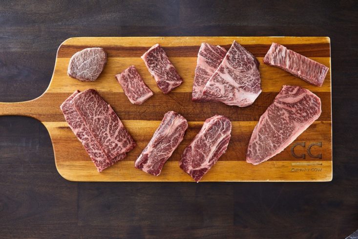Board of steaks from Crowd Cow meat delivery subscription.